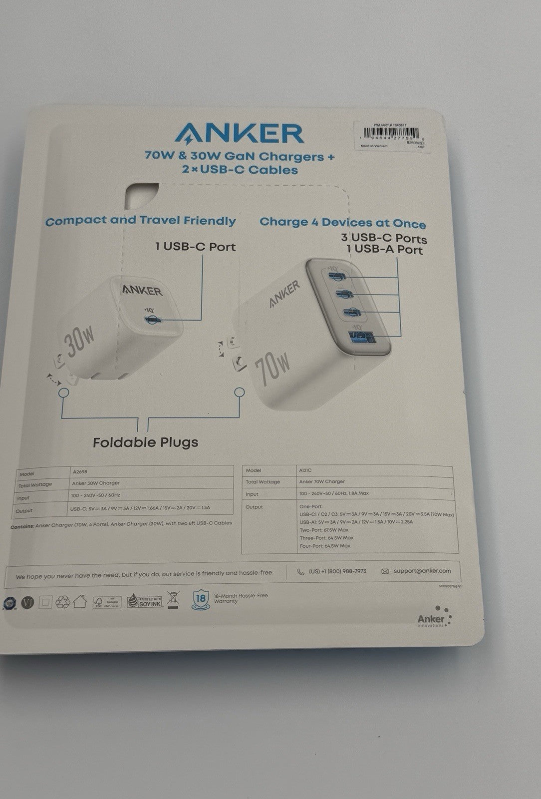 Anker 70W/30W Wall Charger Bundle Foldable Plugs 2 6ft USB C-C Cables