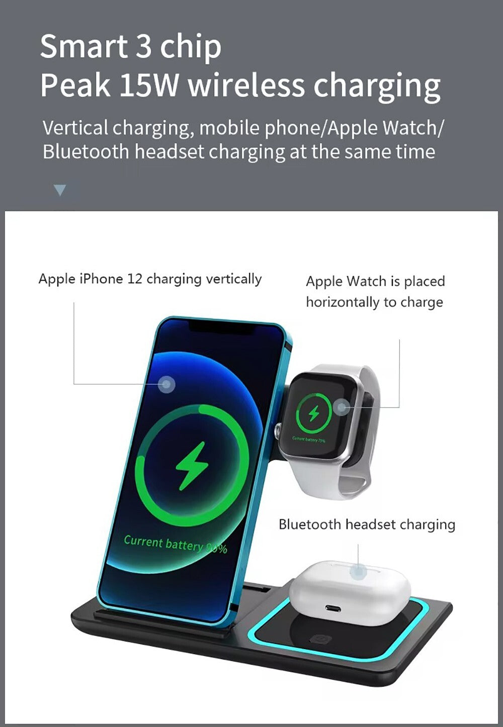 Wireless Charger Stand for iPhone, Apple Watch & AirPods 3-in-1 Fast Charger