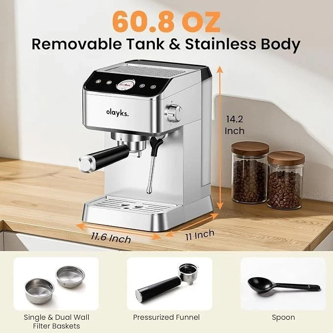 Olayks 20 Bar Espresso Machine Stainless Steel Milk Frother 1.8L Tank 1400W