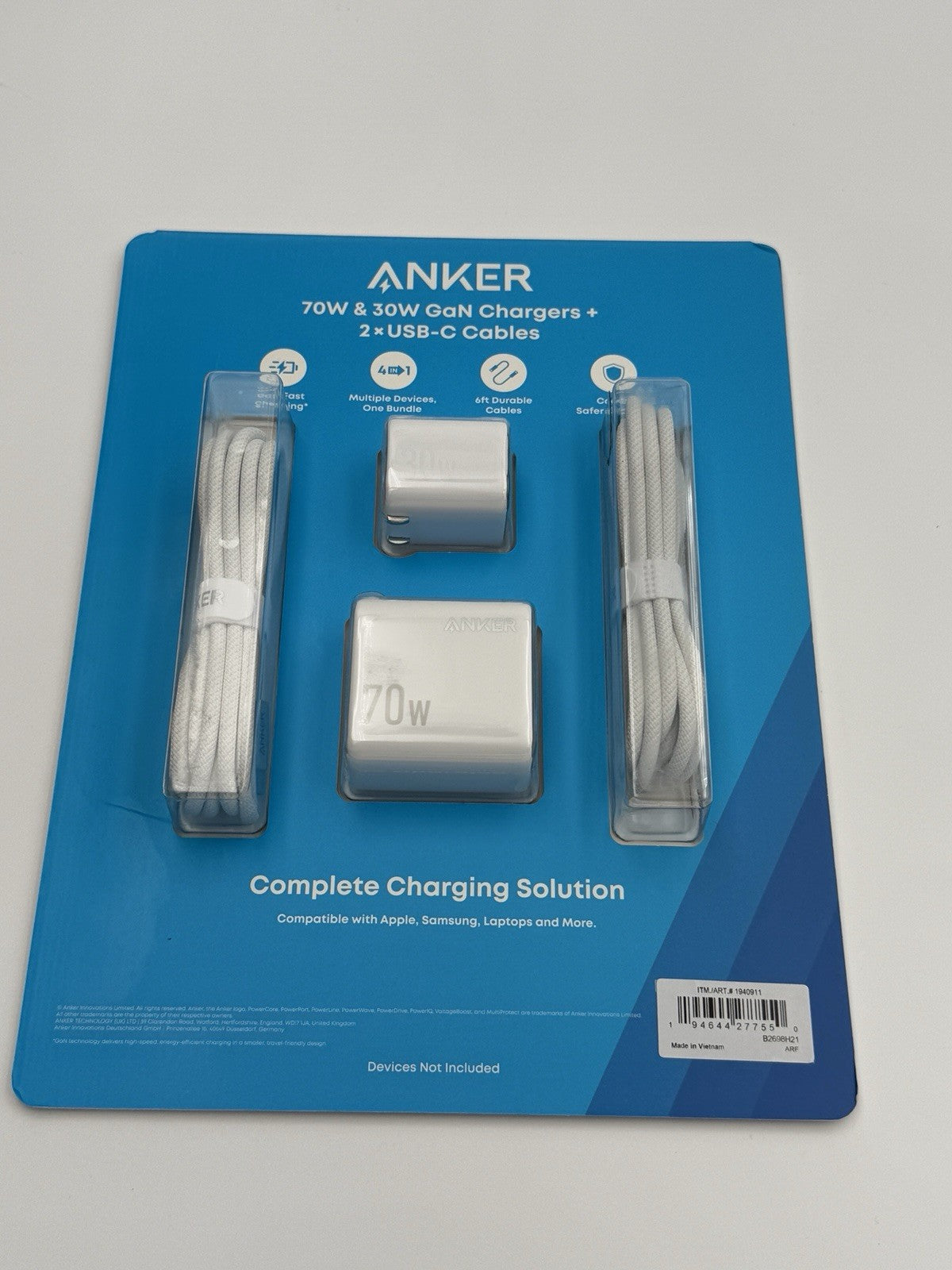 Anker 70W/30W Wall Charger Bundle Foldable Plugs 2 6ft USB C-C Cables