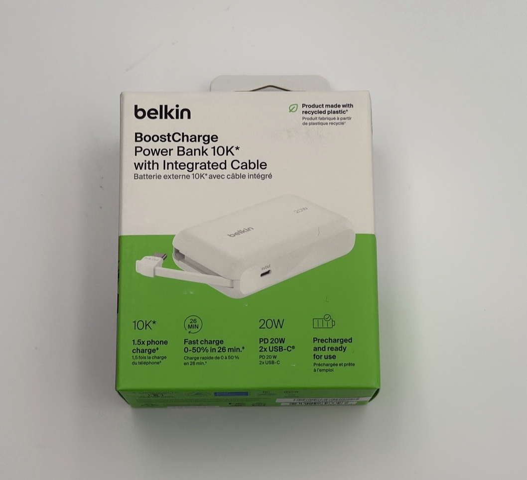 Belkin BoostCharge 10K Power Bank – USB-C Cable, 10,000mAh | White | New