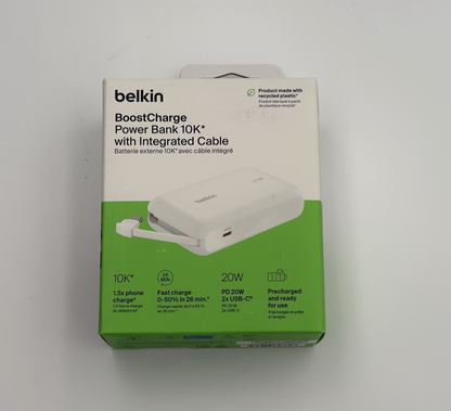 Belkin BoostCharge 10K Power Bank – USB-C Cable, 10,000mAh | White | New