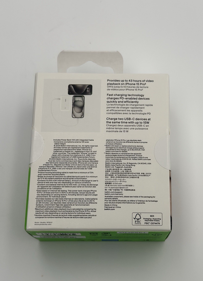 Belkin BoostCharge 10K Power Bank – USB-C Cable, 10,000mAh | White | New