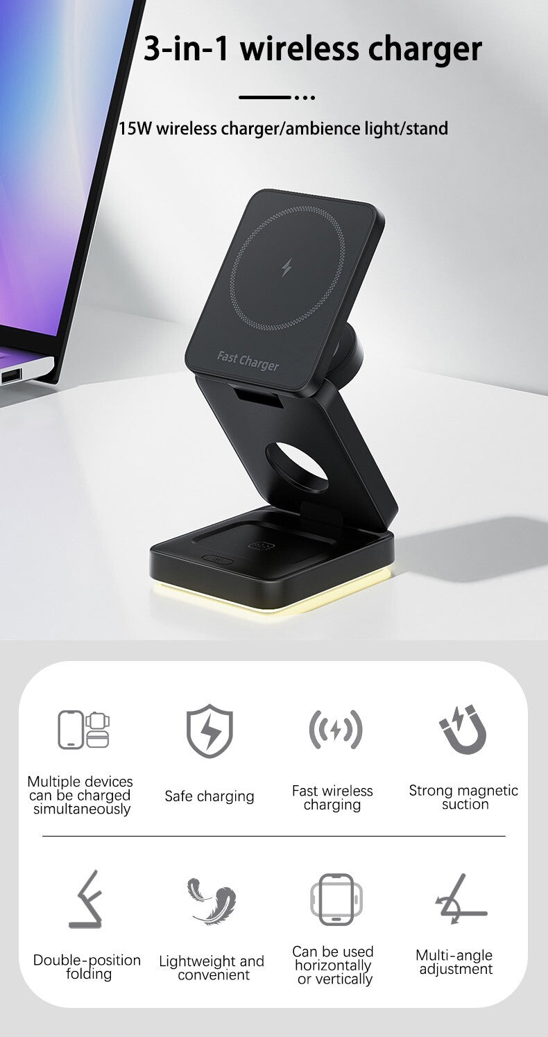 3-IN-1  Wireless Charging Cube 15W Foldable for Apple  Magsafe Compatible 3-1
