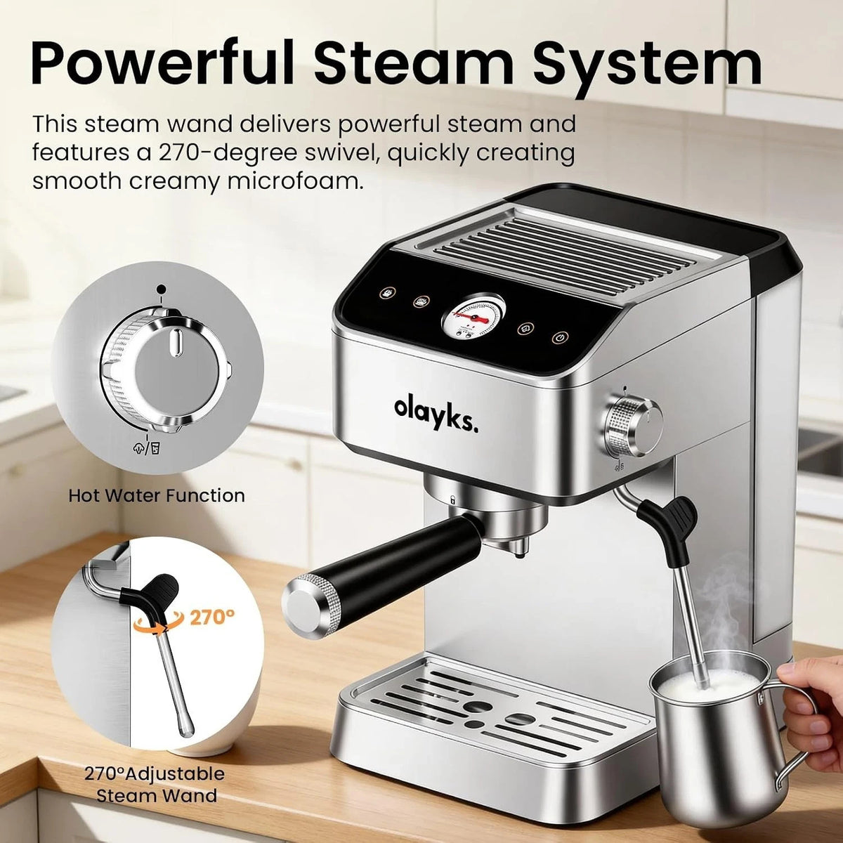 Olayks 20 Bar Espresso Machine Stainless Steel Milk Frother 1.8L Tank 1400W