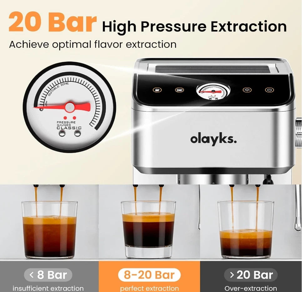 Olayks 20 Bar Espresso Machine Stainless Steel Milk Frother 1.8L Tank 1400W