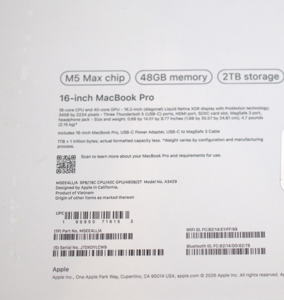 Apple MacBook Pro 16" M5 Max 48GB 2TB 40‑Core GPU Space Black MGEE4LL/A