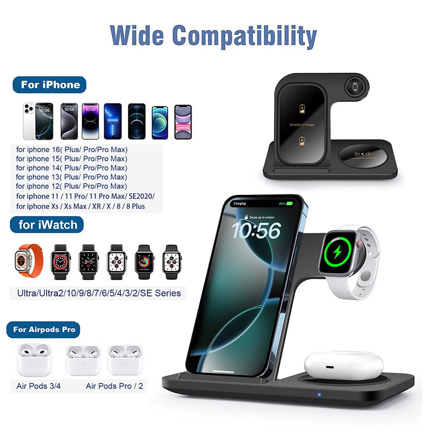 Wireless Charger Stand for iPhone, Apple Watch & AirPods 3-in-1 Fast Charger
